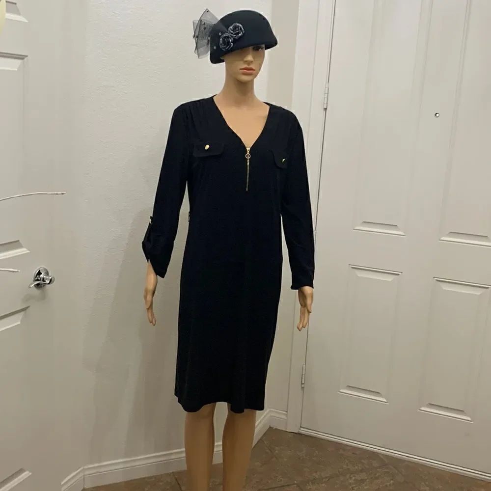 Emma & Michele Large Little Black Shirt Dress Gold Hardware Long 3/4 Roll Sleeve